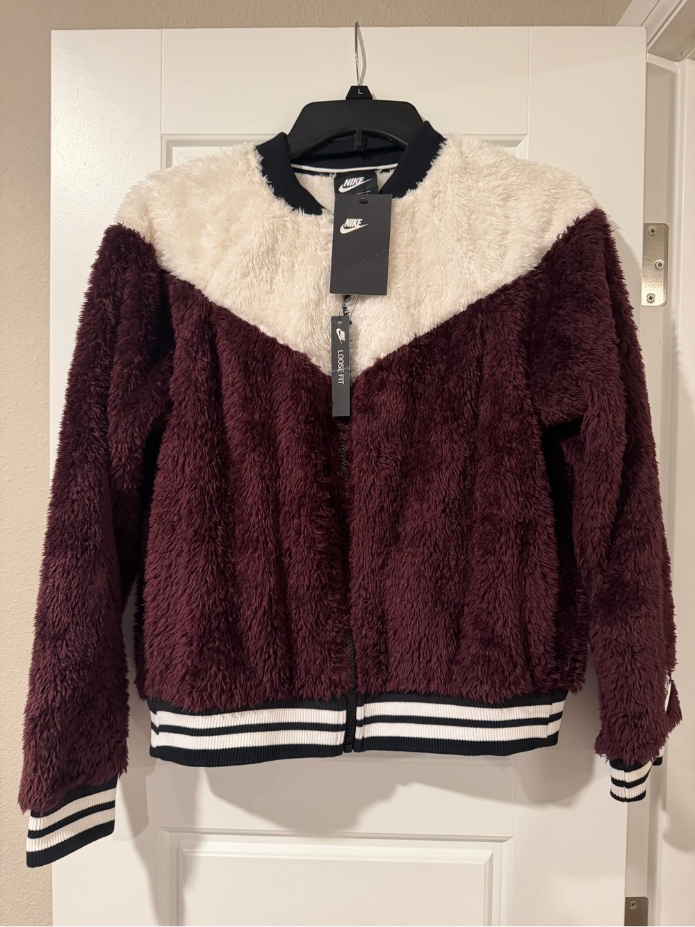 Nike Women's Burgundy and Cream Teddy Bomber Jacket